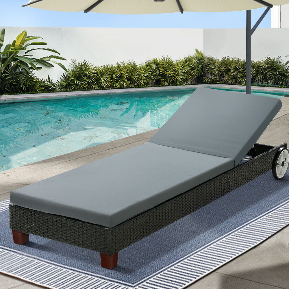 Gardeon Outdoor Wicker Sun Lounger Day Bed Black Wheels