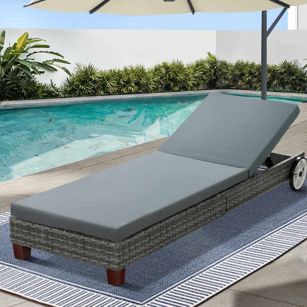 Gardeon Outdoor Wicker Sun Lounge Day Bed Wheels Grey