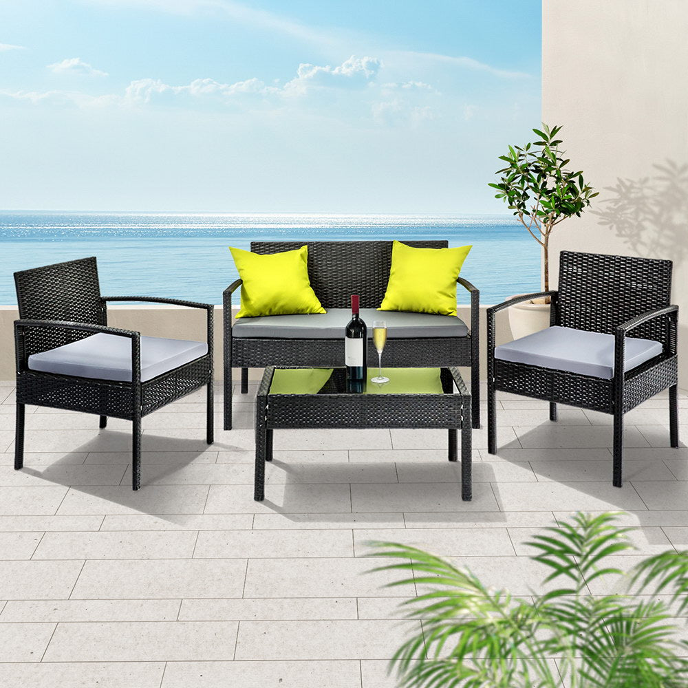 Gardeon 4 Seater Outdoor Sofa Set Wicker Lounge Black Lime Green Cushions