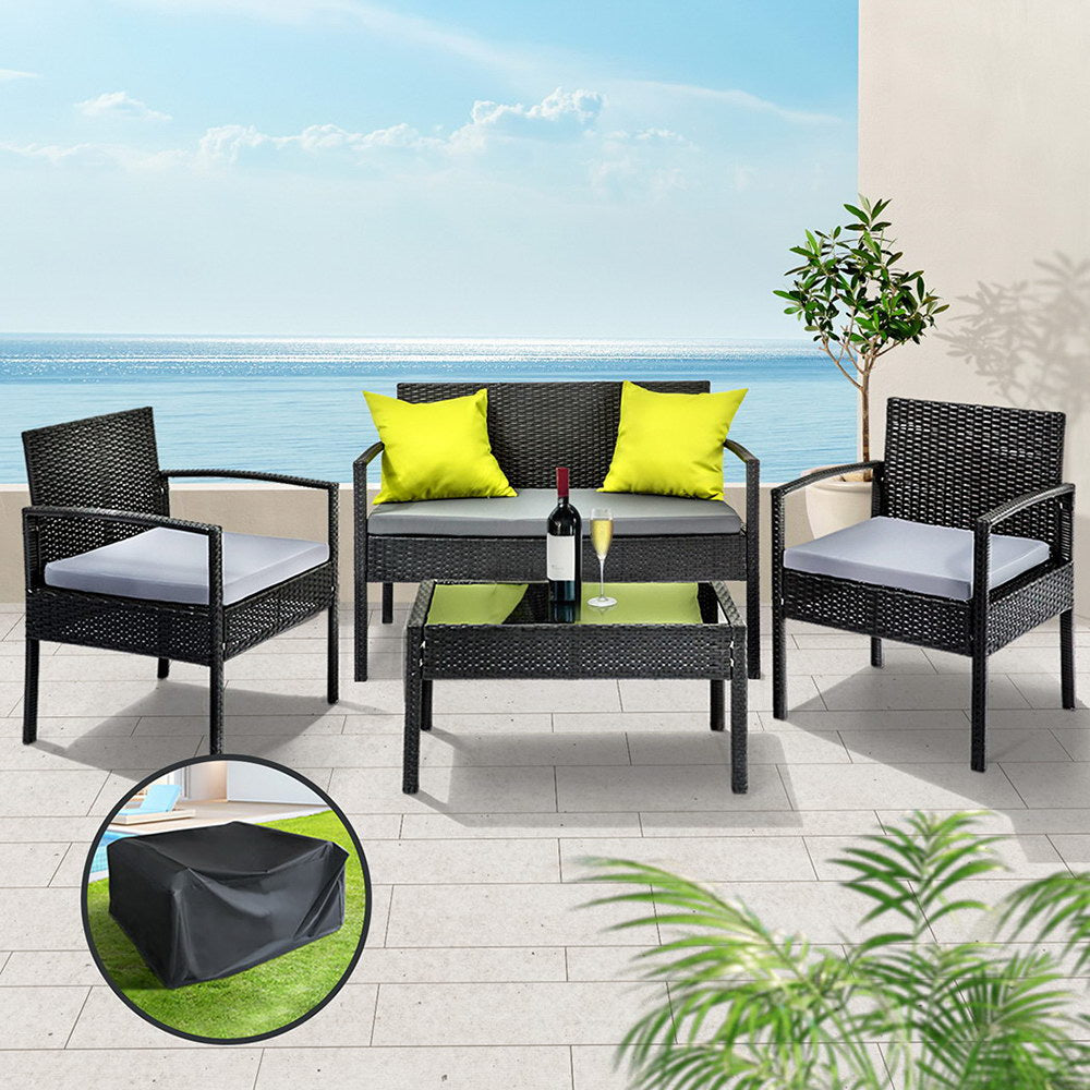 Saipan 4-Piece Outdoor Sofa Set Wicker Lounge Black Grey/Beige