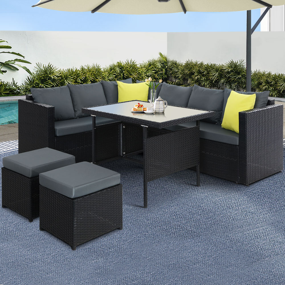 Gardeon Outdoor Sofa Dining Set Aluminium Frame Wicker Black