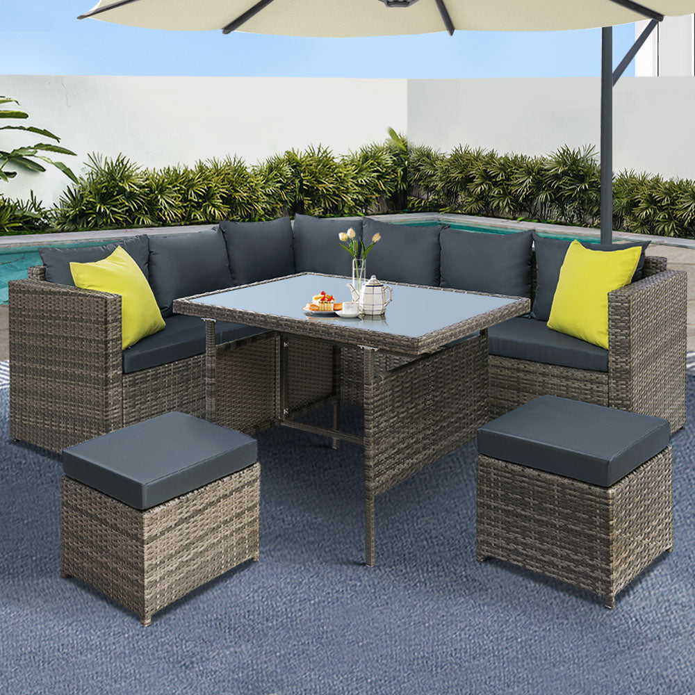 Gardeon Outdoor Sofa Dining Set Aluminium Wicker Grey