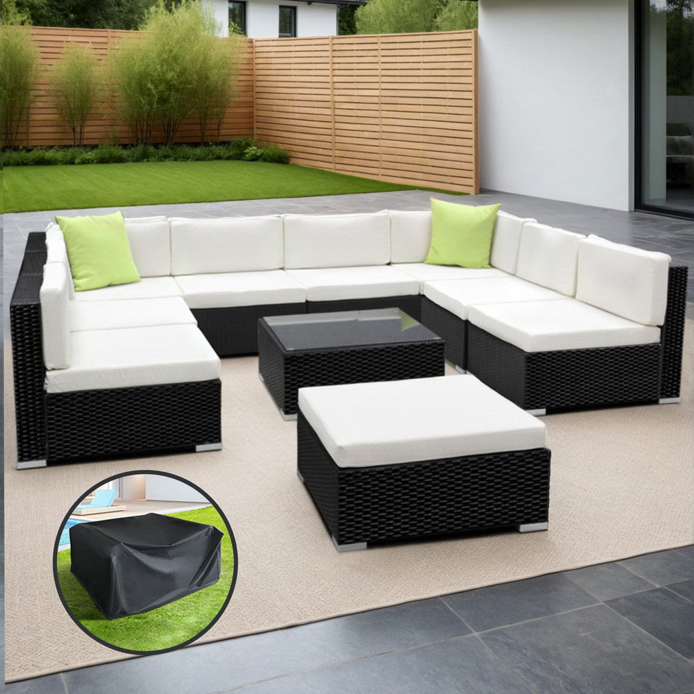 Gardeon 10-Piece Outdoor Lounge Set Wicker Black Beige Cushions