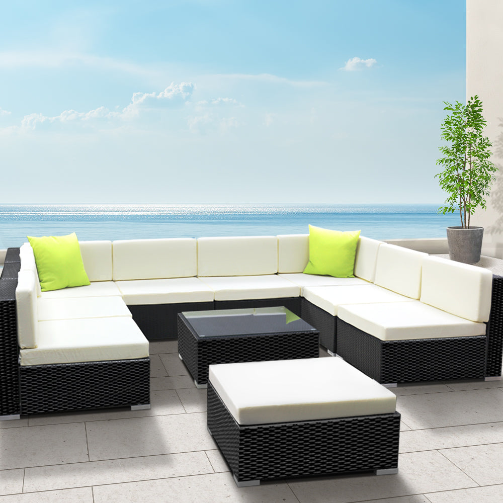 Gardeon 9-Seater Outdoor Lounge Set Wicker Sofa Black Beige