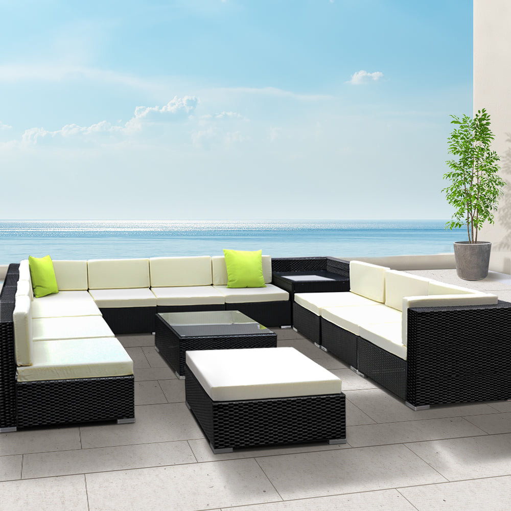 Gardeon 13-Piece Outdoor Sofa Set Wicker Lounge 11 Seater Black Beige