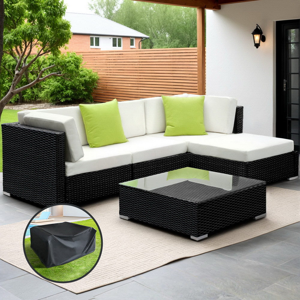 Gardeon 5-Piece Outdoor Sofa Set Wicker Lounge Black Beige