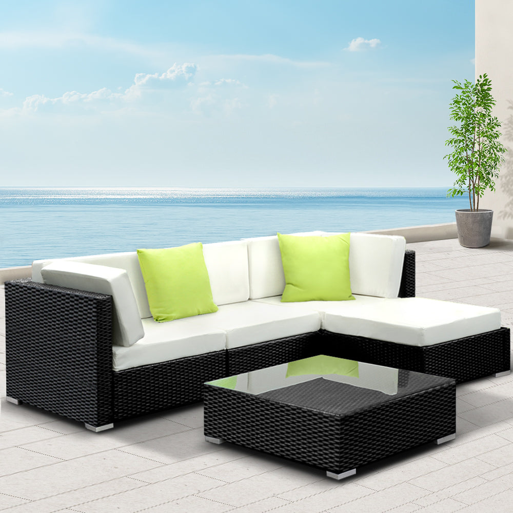 Gardeon 5-Piece Outdoor Sofa Set Wicker Lounge 4 Seater Black Beige