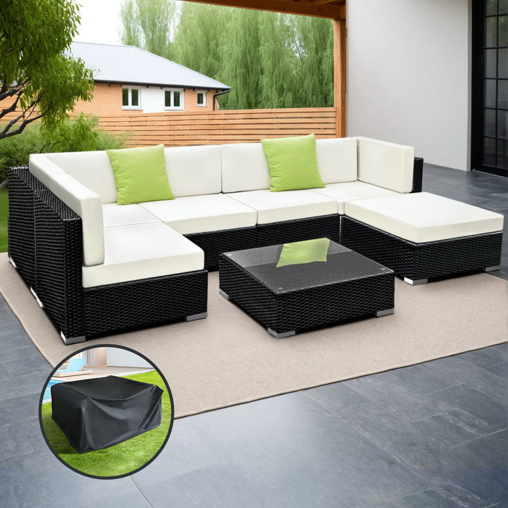 Gardeon 7-Piece Wicker Outdoor Sofa Set Black Beige Cushions