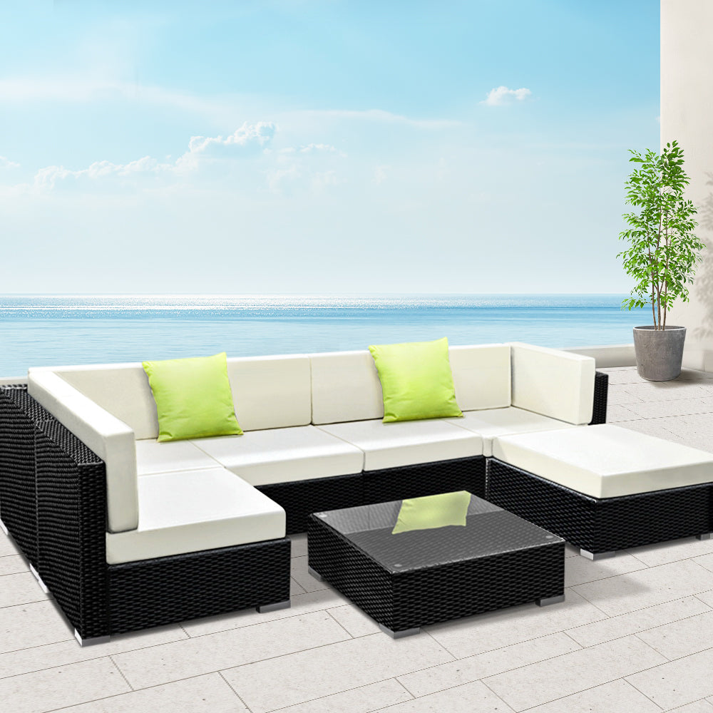 Gardeon 7-Piece Outdoor Sofa Set Wicker Lounge 6 Seater Black Beige