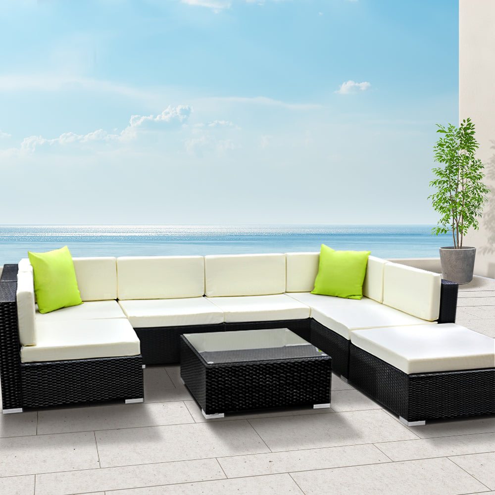 Gardeon 7-Seater Outdoor Sofa Set Wicker Lounge Black Beige