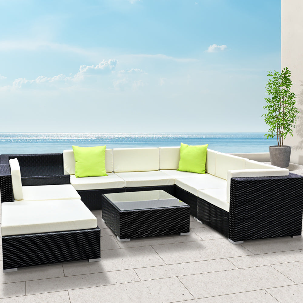 Gardeon 9-Piece Outdoor Lounge Set Wicker Sofa 7 Seater Black Beige