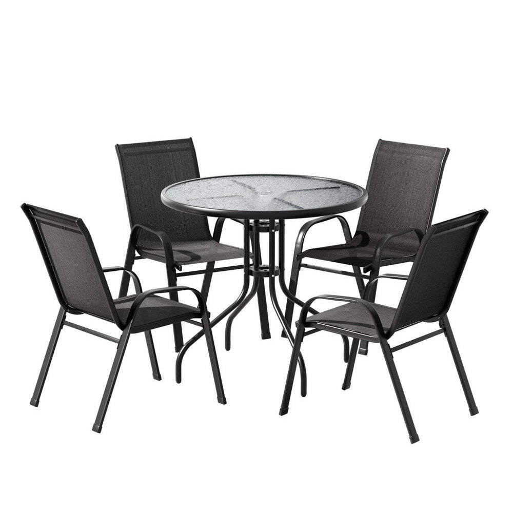 Gardeon Outdoor Dining Set Black Table and Stackable Chairs