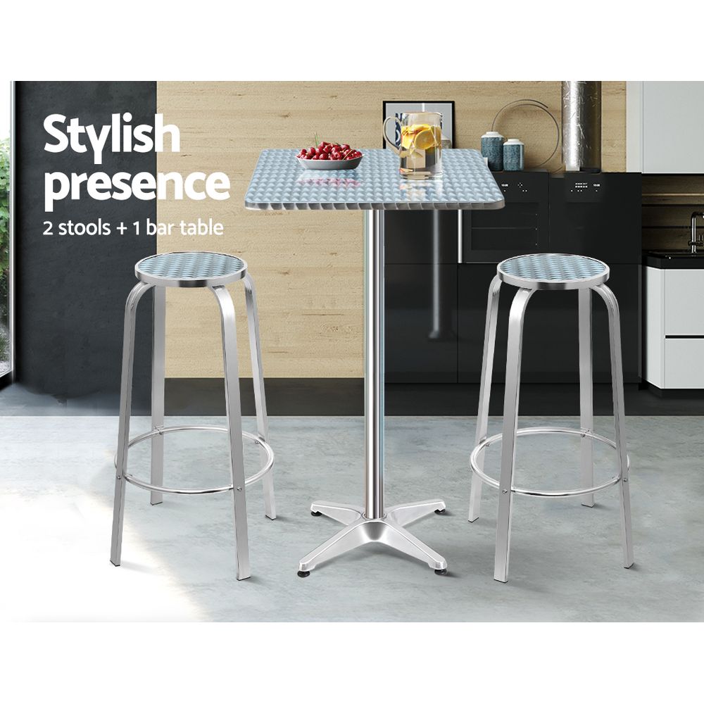 Gardeon 3-Piece Outdoor Bar Set Adjustable Bistro Table Stools Silver