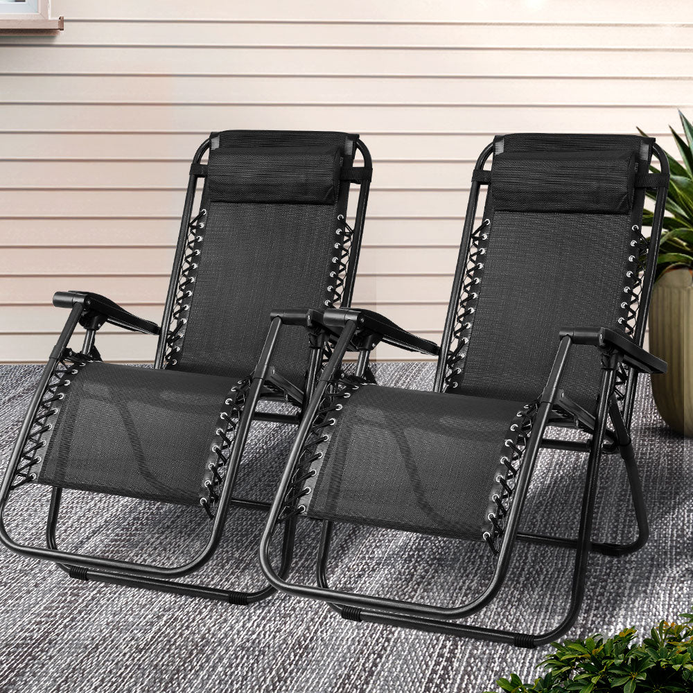 Gardeon 2PC Folding Zero Gravity Outdoor Recliner Chair Black
