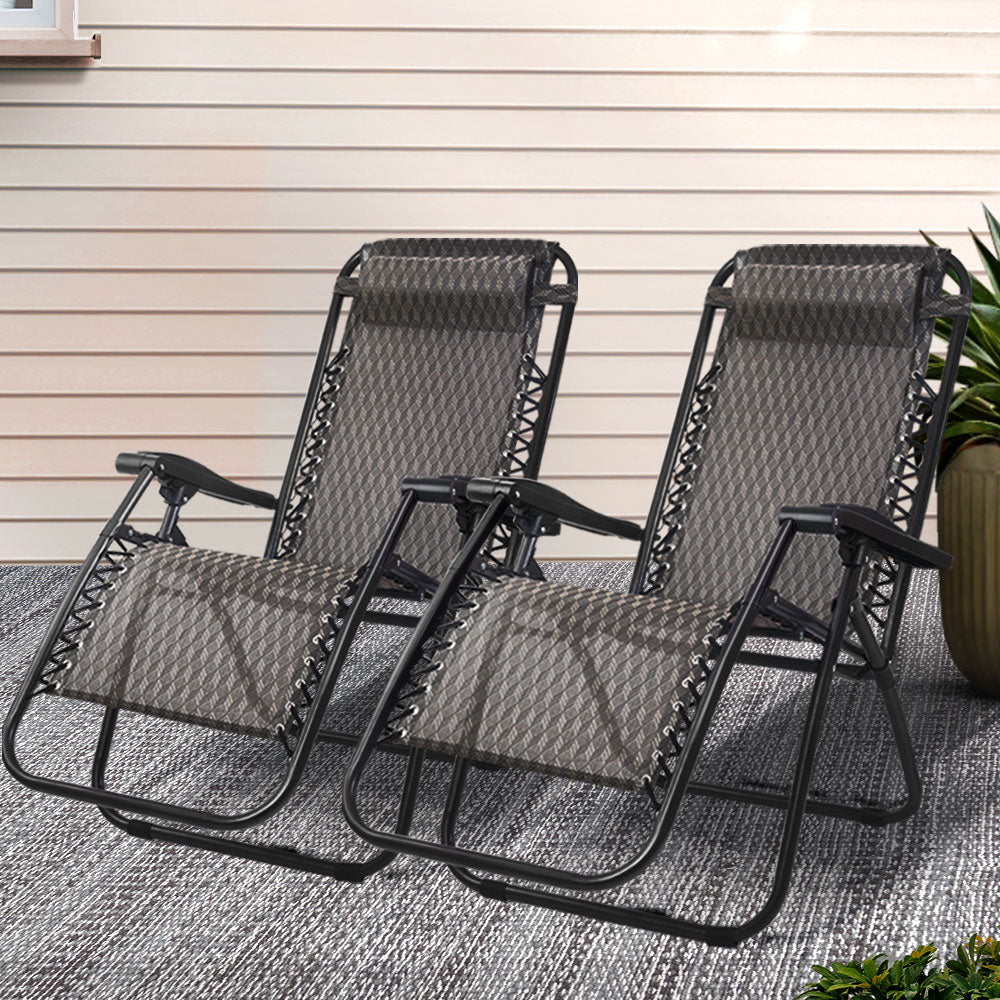 Gardeon 2PC Outdoor Recliner Zero Gravity Chair Folding Adjustable Sun Lounge Grey