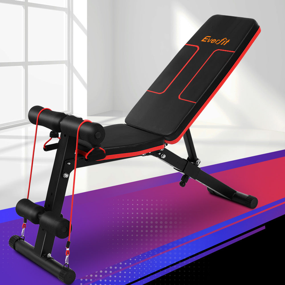 Everfit Adjustable FID Weight Bench 150kg Home Gym with Resistance Bands