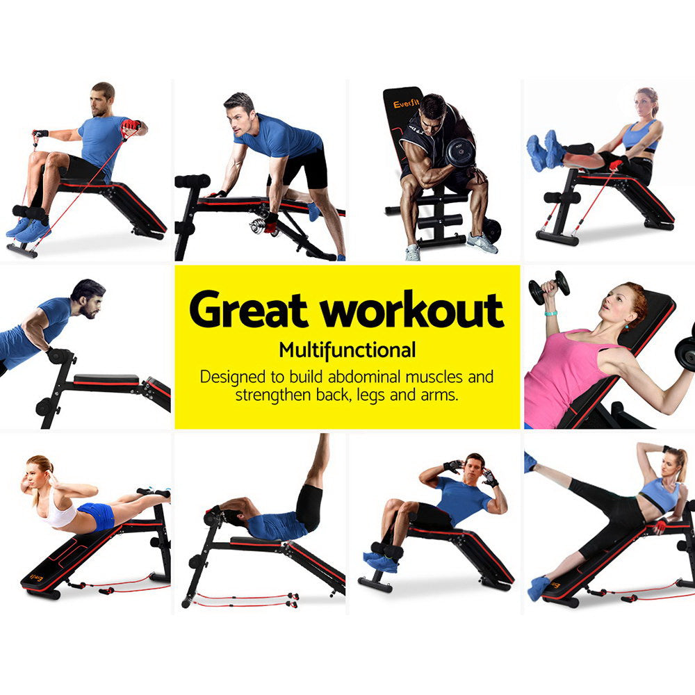 Everfit Adjustable FID Weight Bench 150kg Home Gym with Resistance Bands