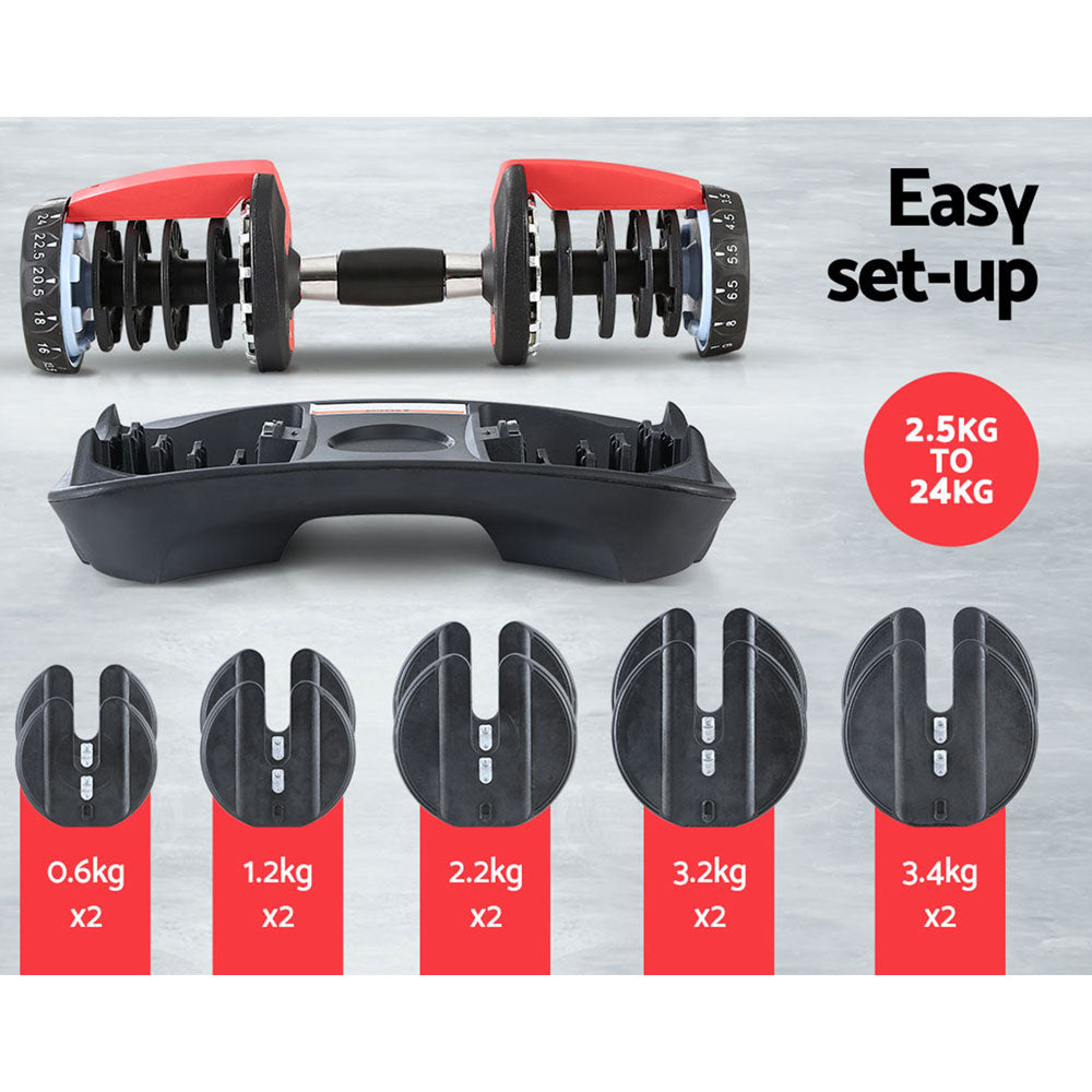 Everfit 24kg Adjustable Dumbbells Set Black/Red