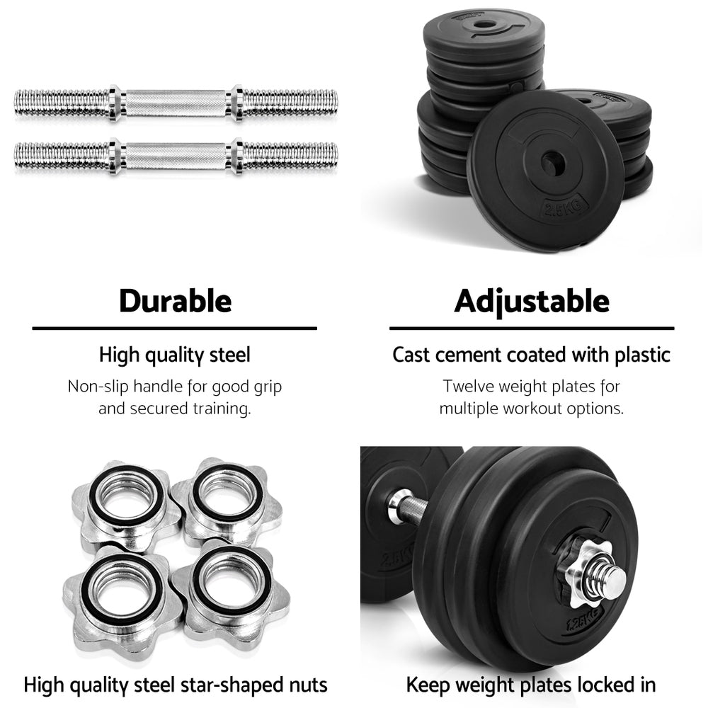 Everfit 30kg Adjustable Dumbbell Set Weight Plates Lifting Bench
