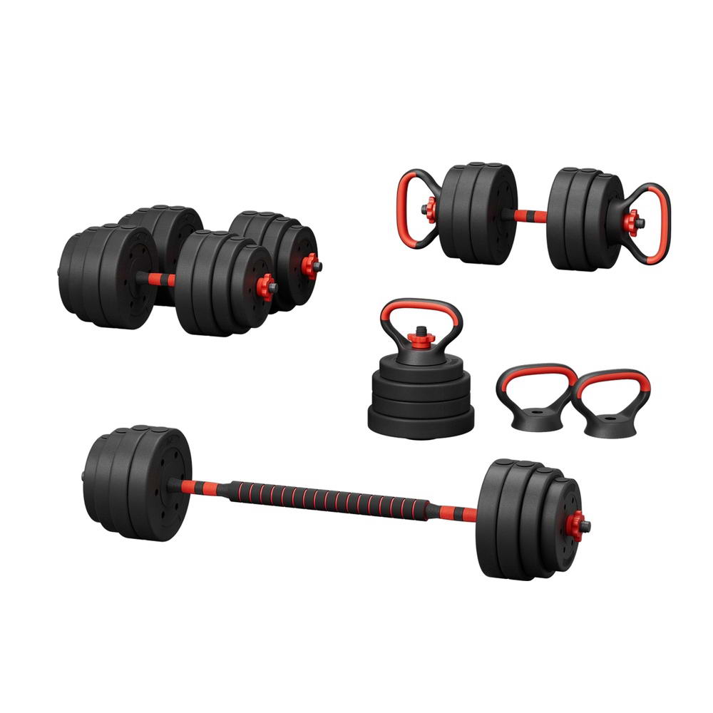 Everfit 40kg Adjustable Dumbbells Kettlebell Barbell Set Black/Red