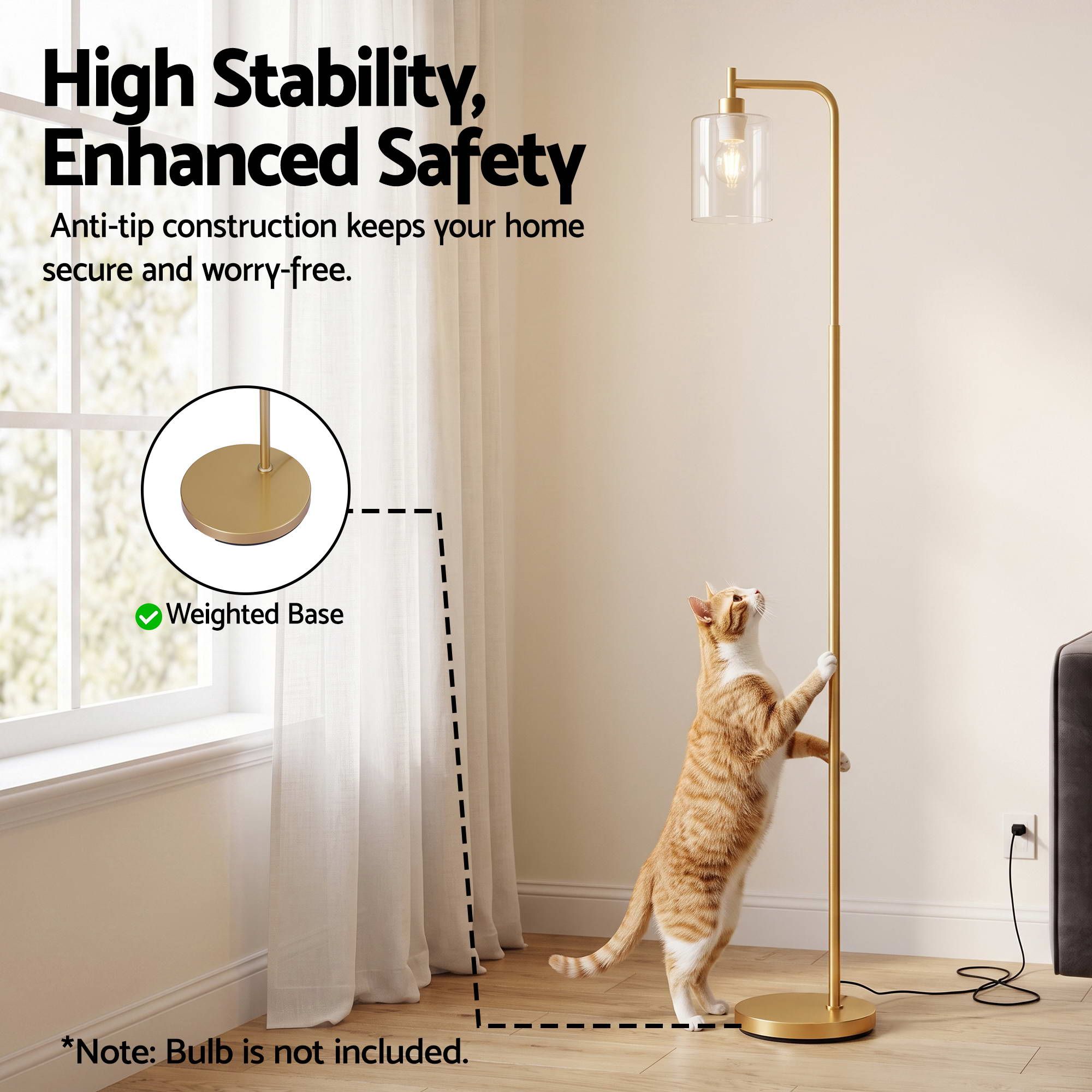 Artiss Floor Lamp Modern Industrial Standing Light with Clear Glass Shade, GoldMetal Tall Lamp for Living Room, Bedroom & Office, Anti-Tipping Weighted Base & Foot Switch Bulb Not Included