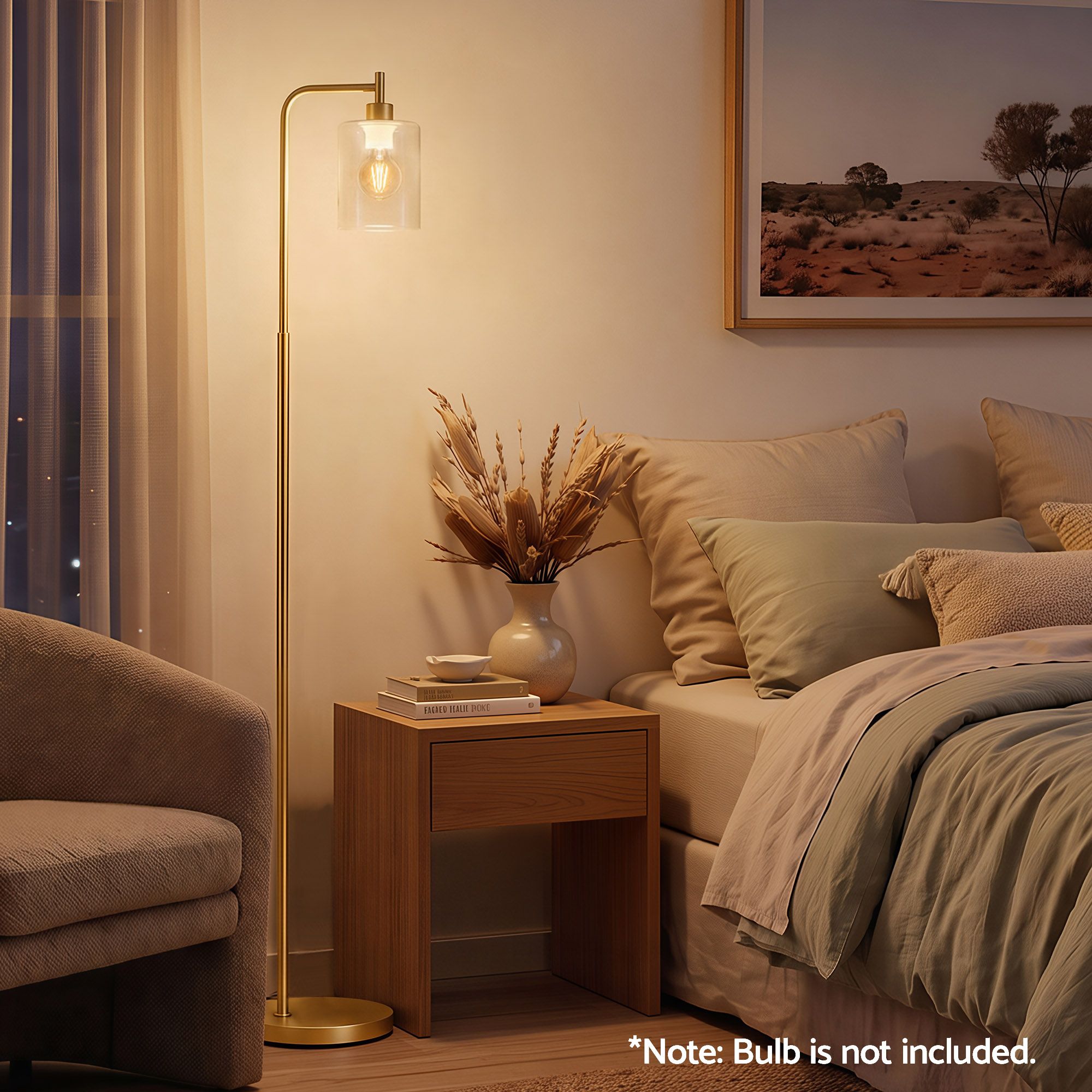 Artiss Floor Lamp Modern Industrial Standing Light with Clear Glass Shade, GoldMetal Tall Lamp for Living Room, Bedroom & Office, Anti-Tipping Weighted Base & Foot Switch Bulb Not Included