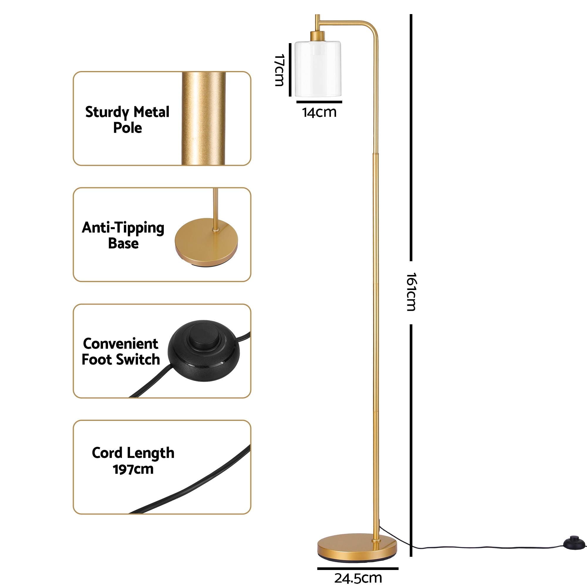 Artiss Floor Lamp Modern Industrial Standing Light with Clear Glass Shade, GoldMetal Tall Lamp for Living Room, Bedroom & Office, Anti-Tipping Weighted Base & Foot Switch Bulb Not Included