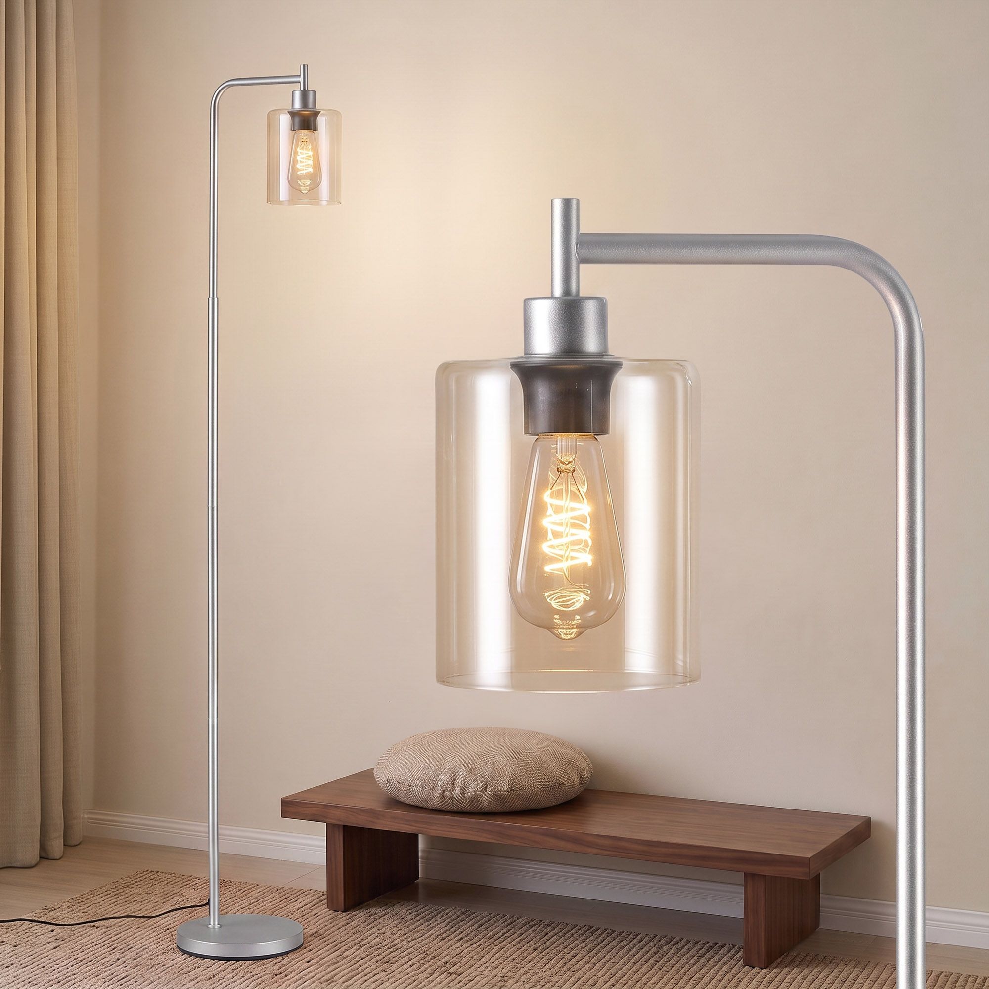 Artiss Floor Lamp Modern Industrial Standing Light with Clear Glass Shade, Silver Metal Tall Lamp for Living Room, Bedroom & Office, Anti-Tipping Weighted Base & Foot Switch Bulb Not Included