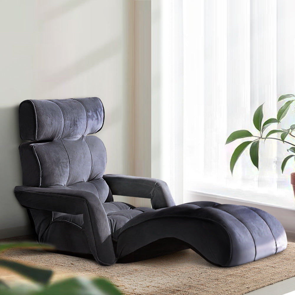 Artiss Lounge Sofa Bed With Armrest Flocking Fabric Charcoal