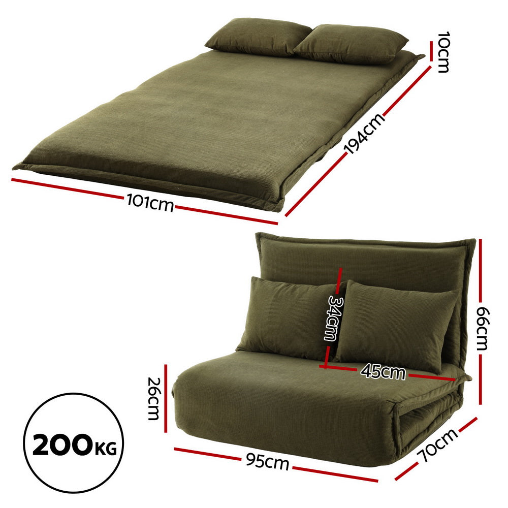 Artiss Foldable 2-Seater Floor Lounge Sofa Bed Green Corduroy