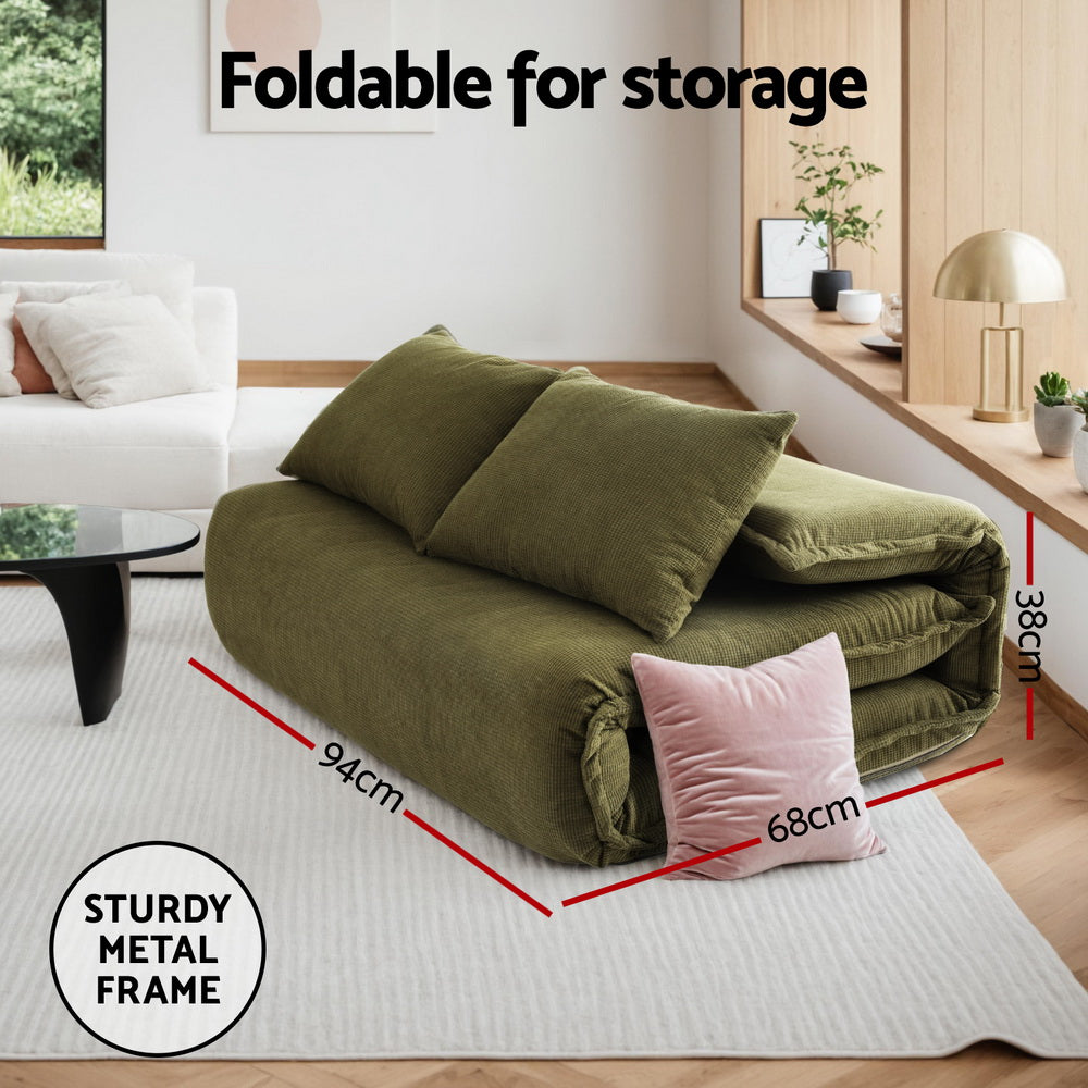Artiss Foldable 2-Seater Floor Lounge Sofa Bed Green Corduroy