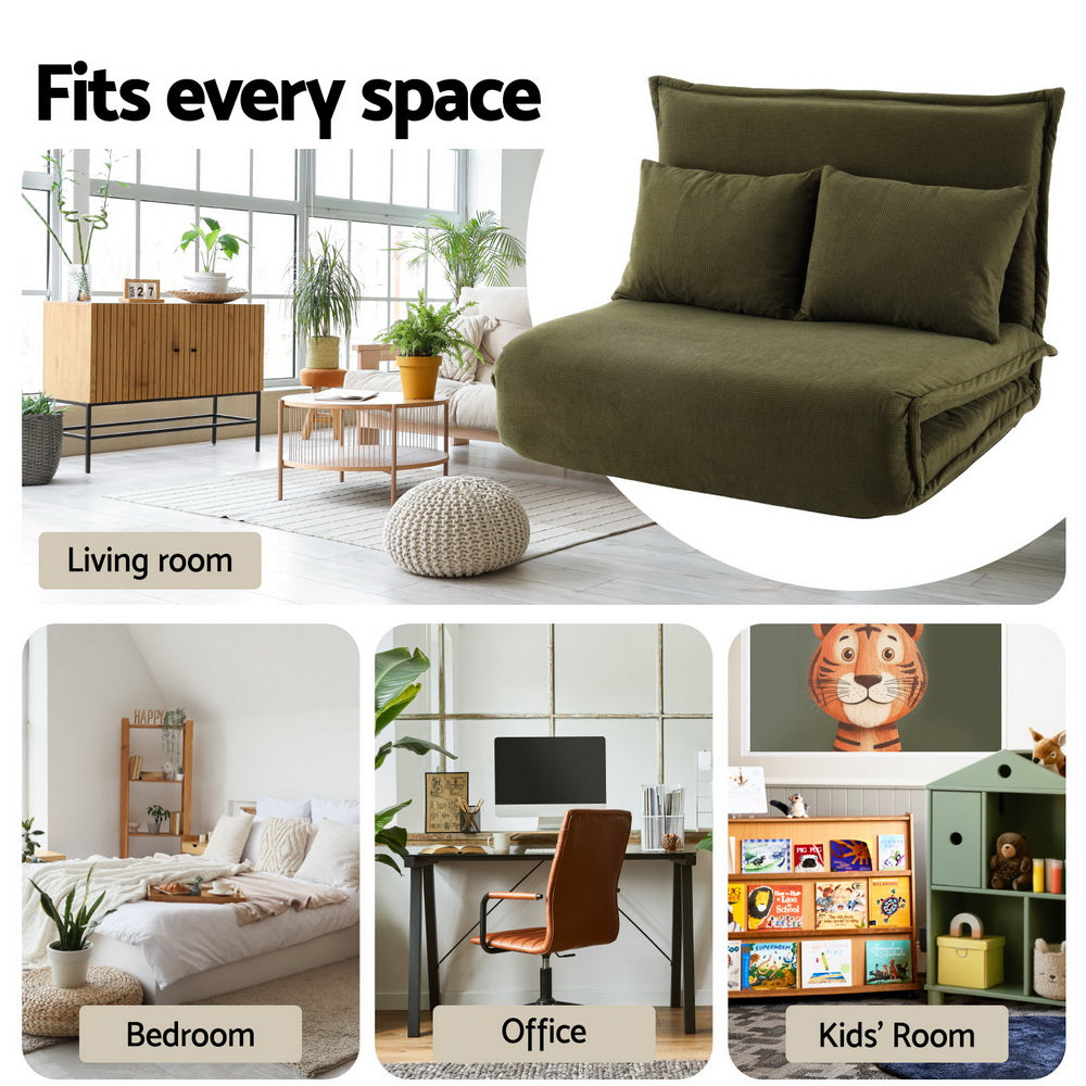 Artiss Foldable 2-Seater Floor Lounge Sofa Bed Green Corduroy