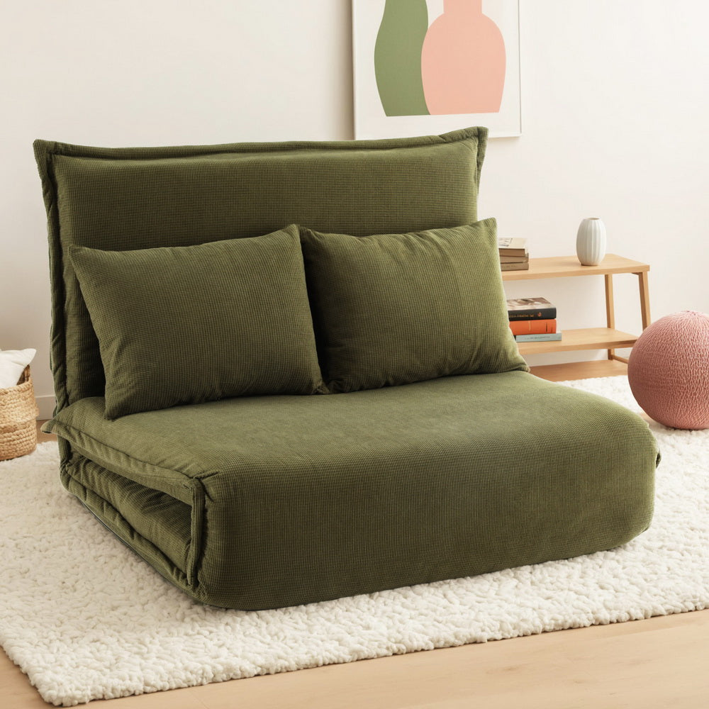 Artiss Foldable 2-Seater Floor Lounge Sofa Bed Green Corduroy