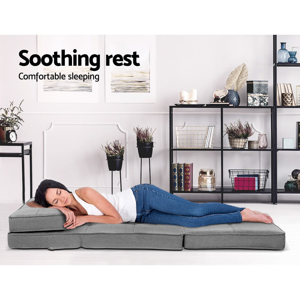 Artiss Single Sofa Bed Floor Lounge Light Grey Fabric