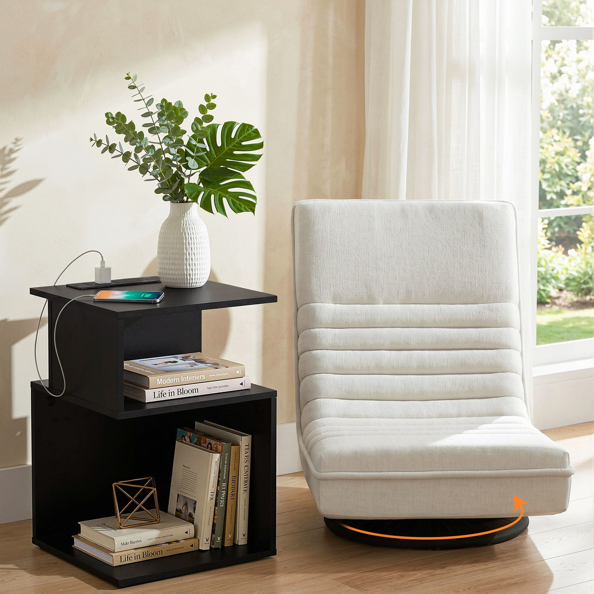 Umeni Swivel Floor Chair and Bedside Table Set with Charging Station