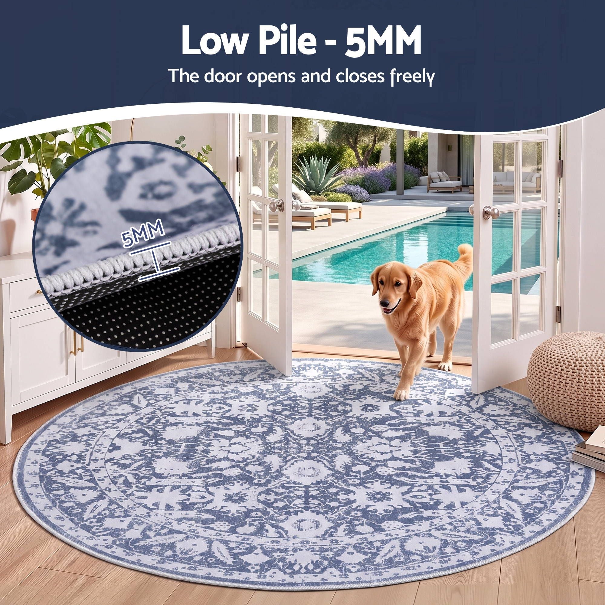Artiss 120 cm Roung Rugs for Living Room Pad-Free Dense Dot Backing Stops Slipping & Robot Vacuum Friendly, Vintage Carpet for Reading Nook Dining Area, 100% Polyester Washable