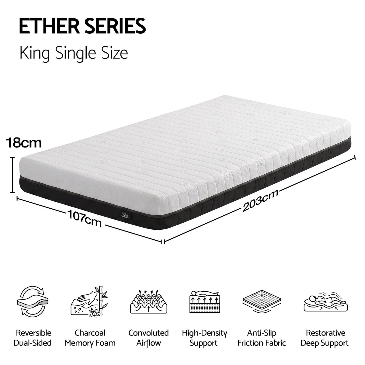 Giselle 18cm King Single Memory Foam Mattress Dual Feel Reversible Charcoal Foam