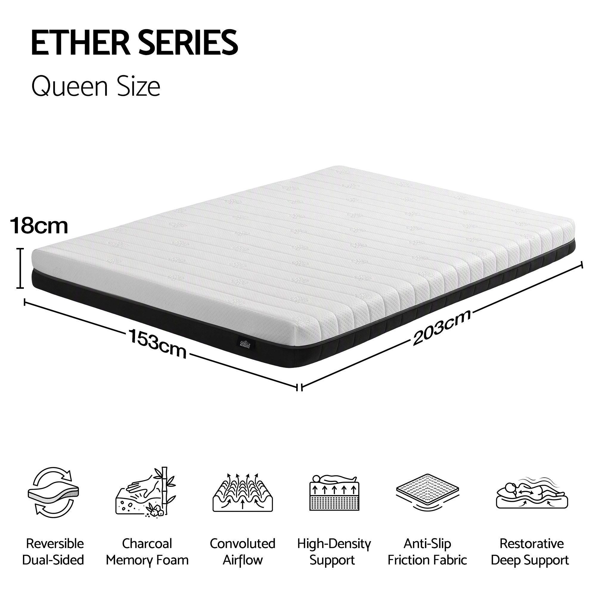 Giselle 18cm Queen Memory Foam Mattress Dual Feel Reversible Charcoal Foam