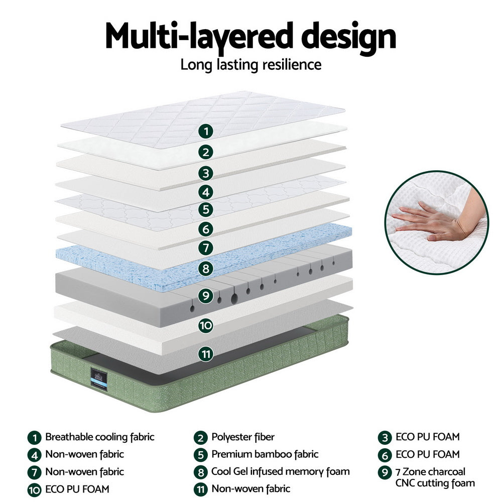 LEAF Single Mattress 25cm Memory Foam Cool Charcoal Zipper Cover