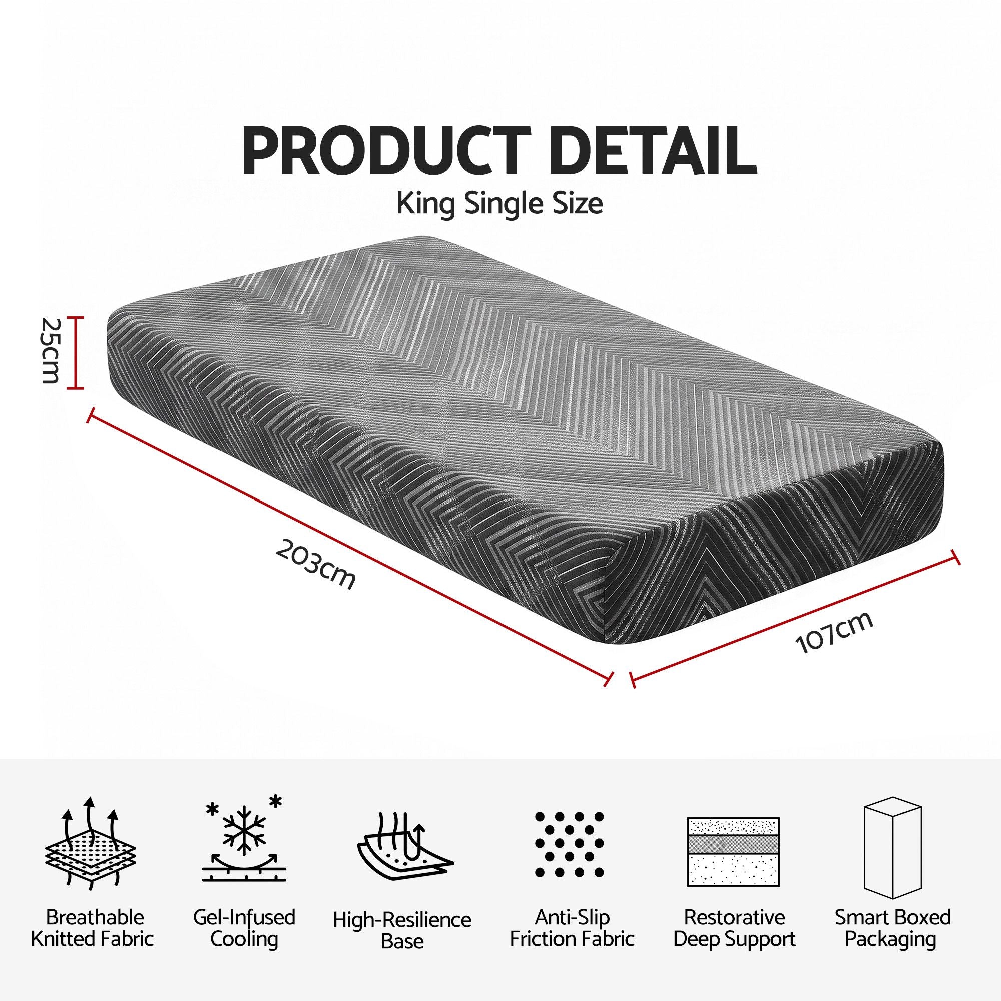 Giselle 25cm King Single Memory Foam Mattress Gel Infused Foam Removable Cover