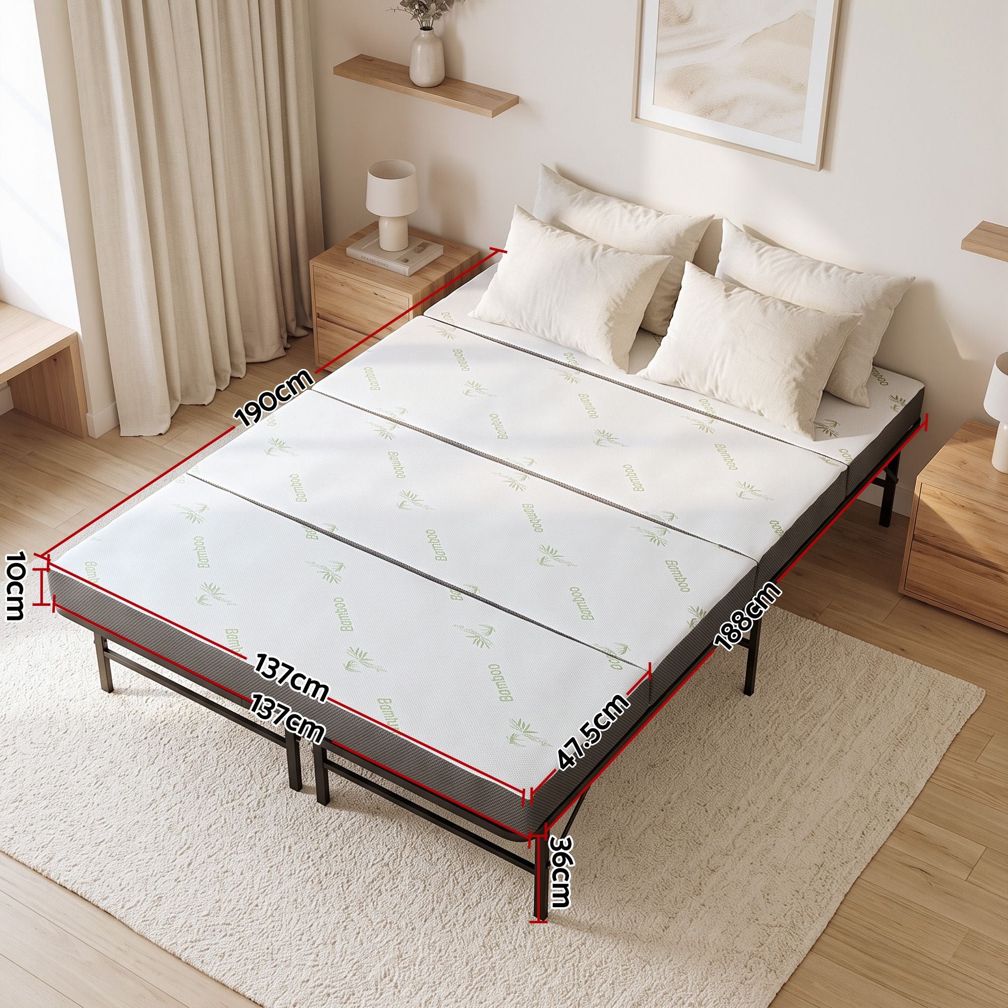 Giselle Double Folding Bed with Mattress 4 Fold Metal Frame Guest Bed Bamboo Cover