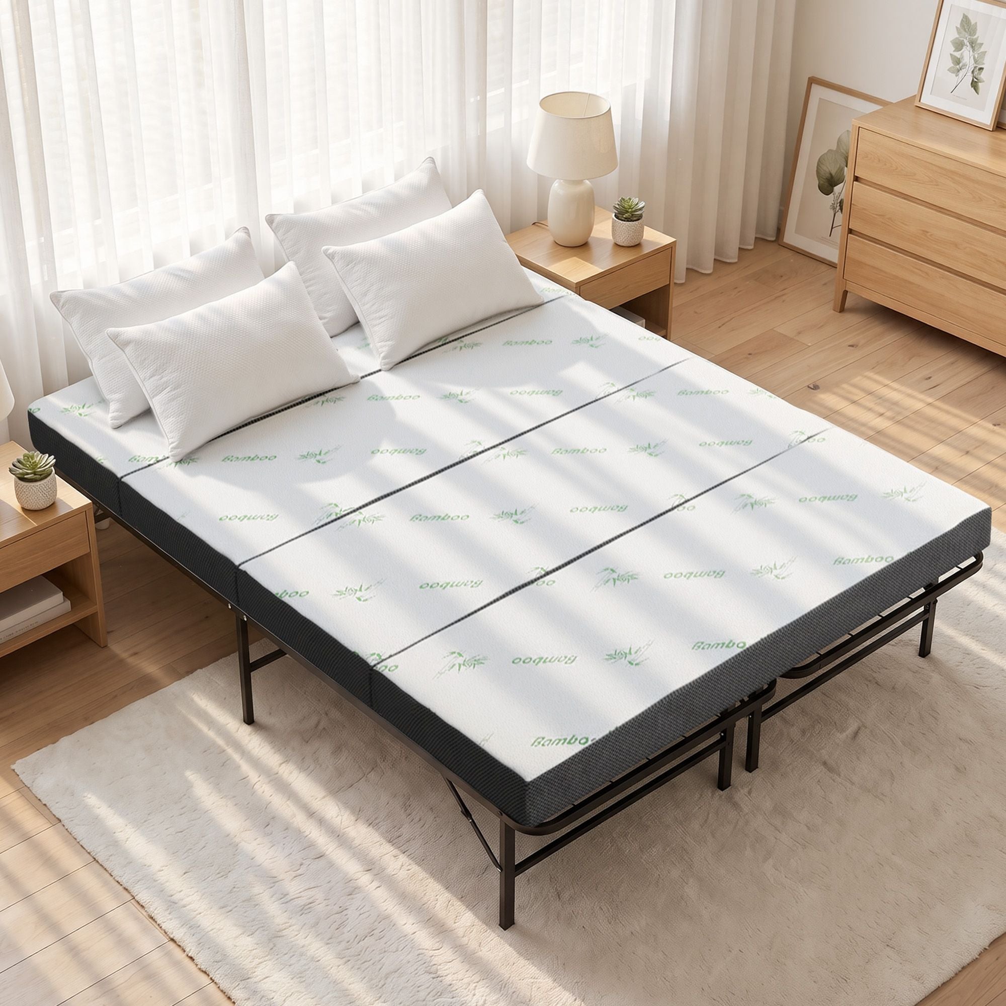 Giselle Double Folding Bed with Mattress 4 Fold Metal Frame Guest Bed Bamboo Cover