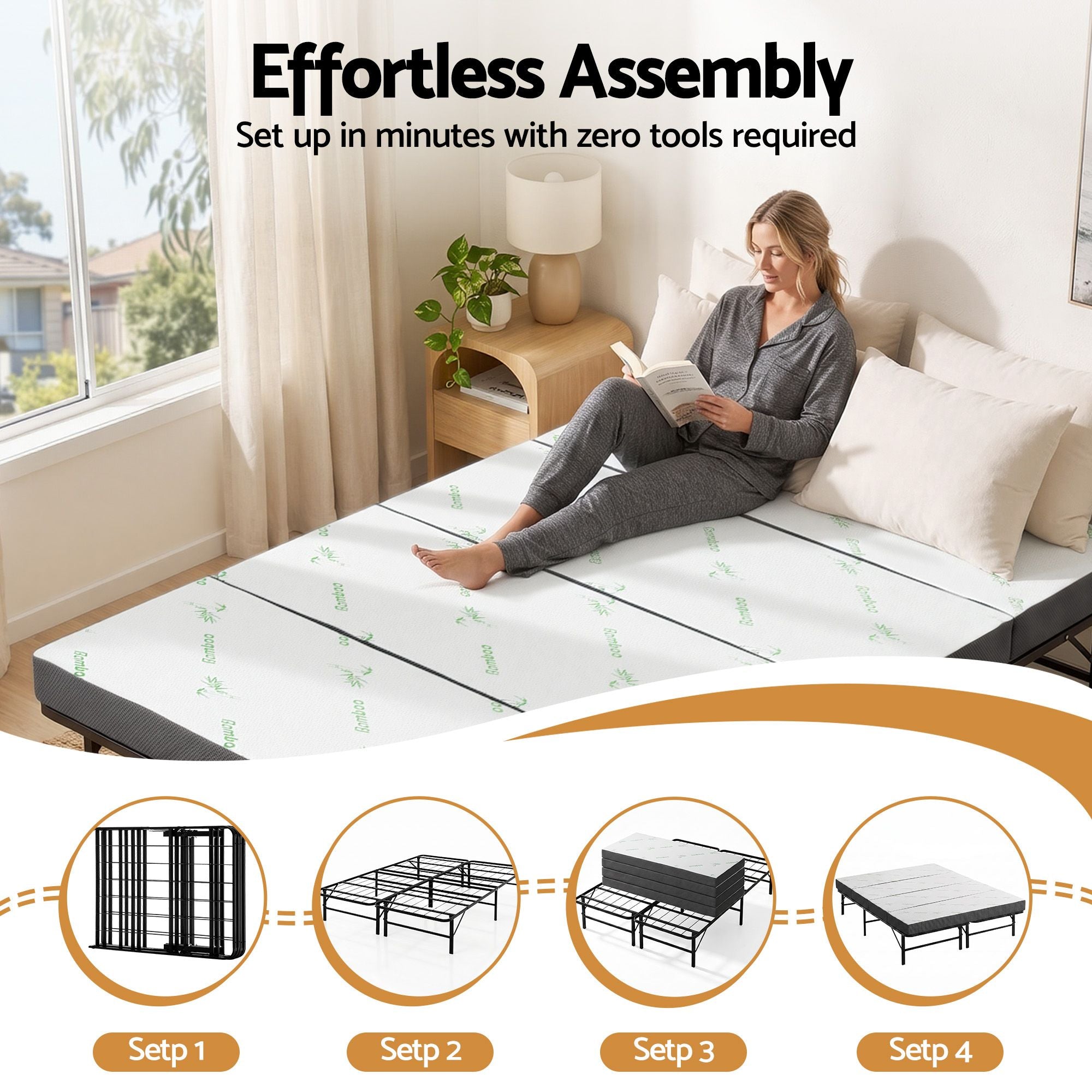 Giselle Queen Folding Bed with Mattress 4 Fold Metal Frame Guest Bed Bamboo Cover