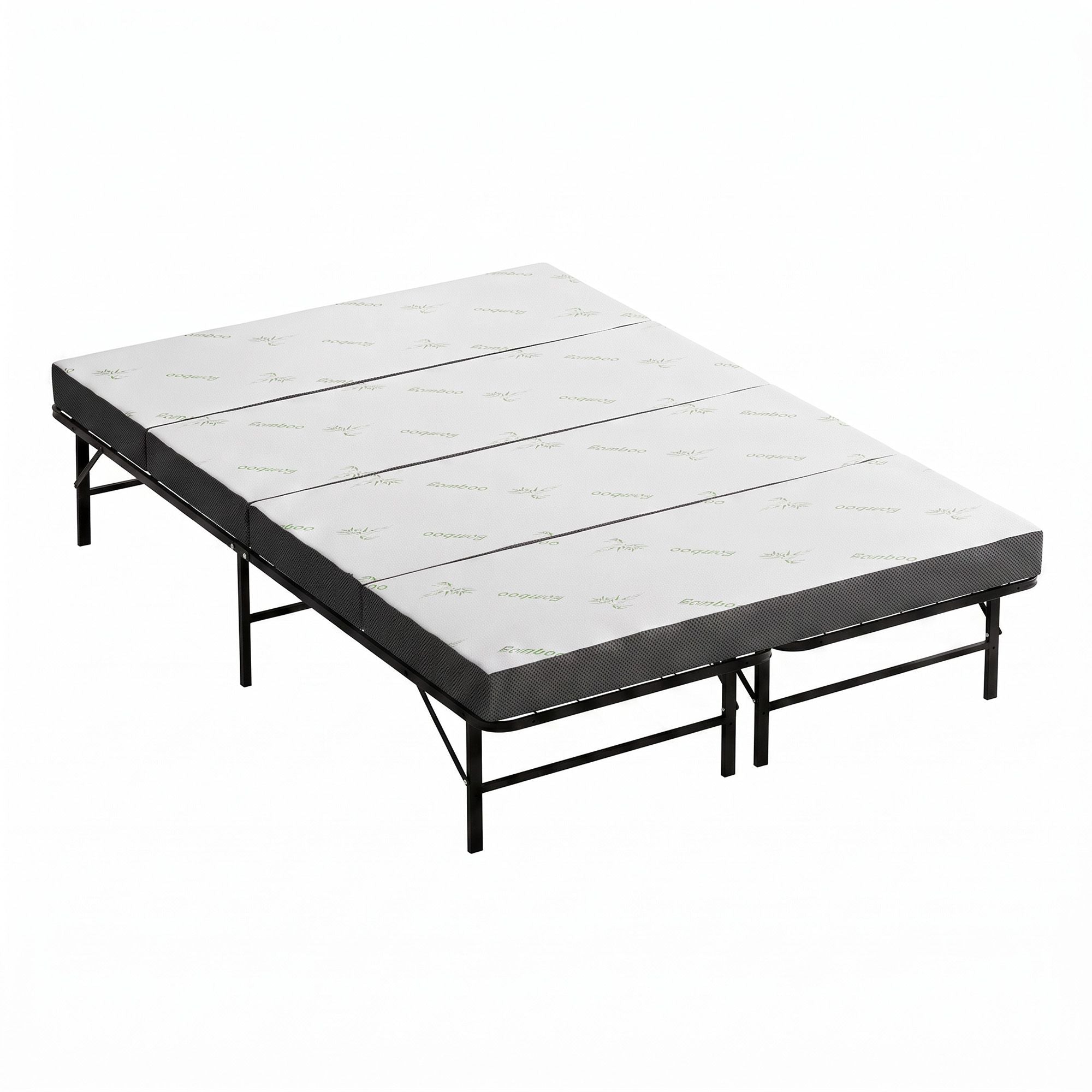 Giselle Queen Folding Bed with Mattress 4 Fold Metal Frame Guest Bed Bamboo Cover