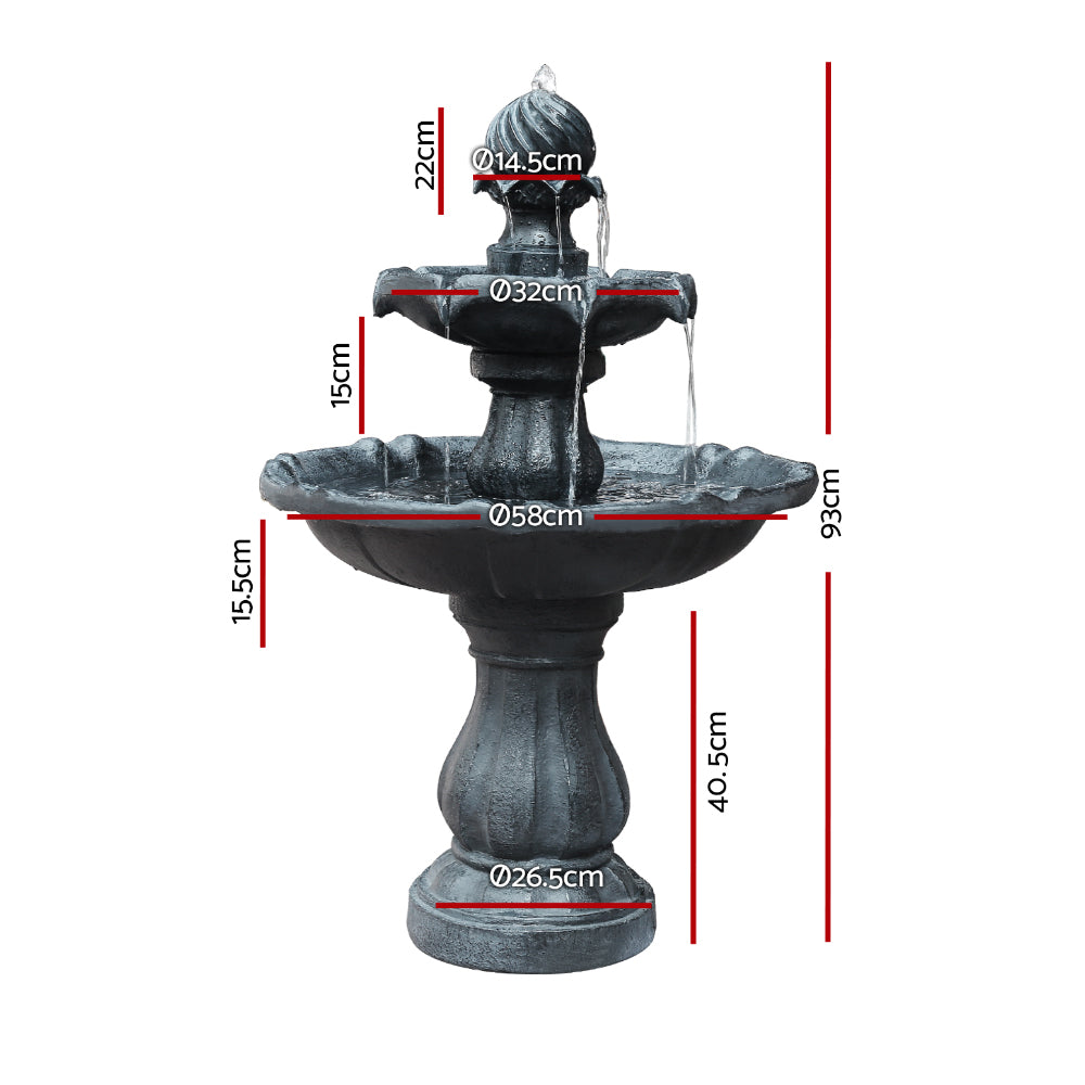 Gardeon 93CM 3-Tier Solar Fountain Bird Bath Black