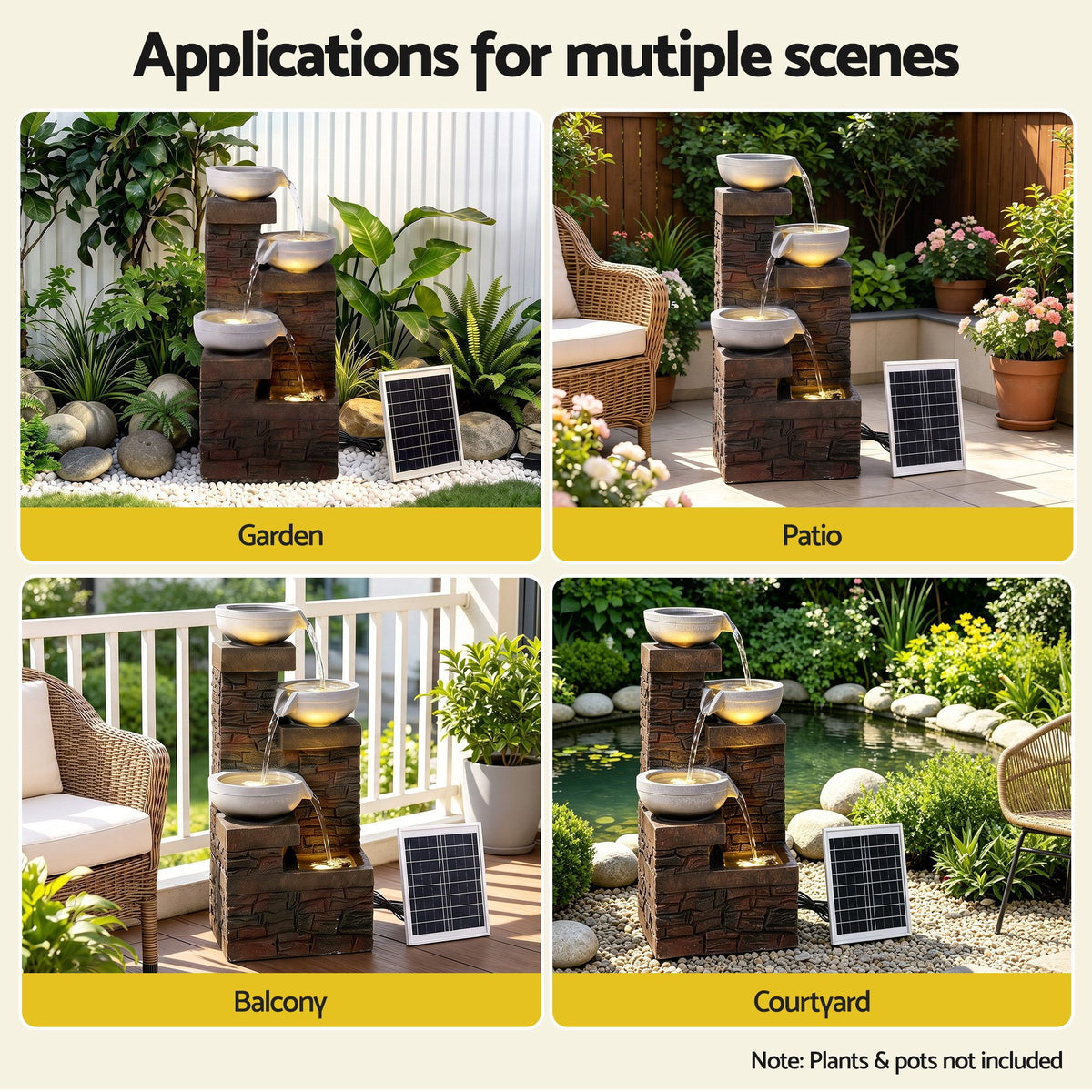 Gardeon Solar Fountain 4 Levels Cascading Bowl Water Feature 75cm Brown