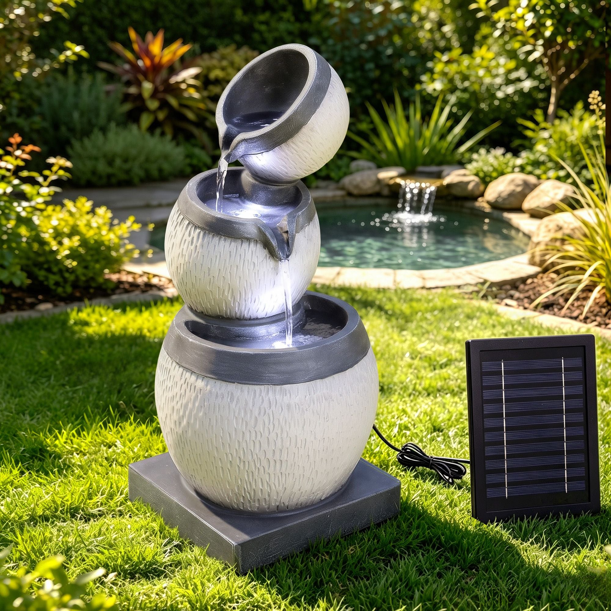 Gardeon Solar Fountain 3 Levels Cascading Bowl Water Feature 52cm Grey