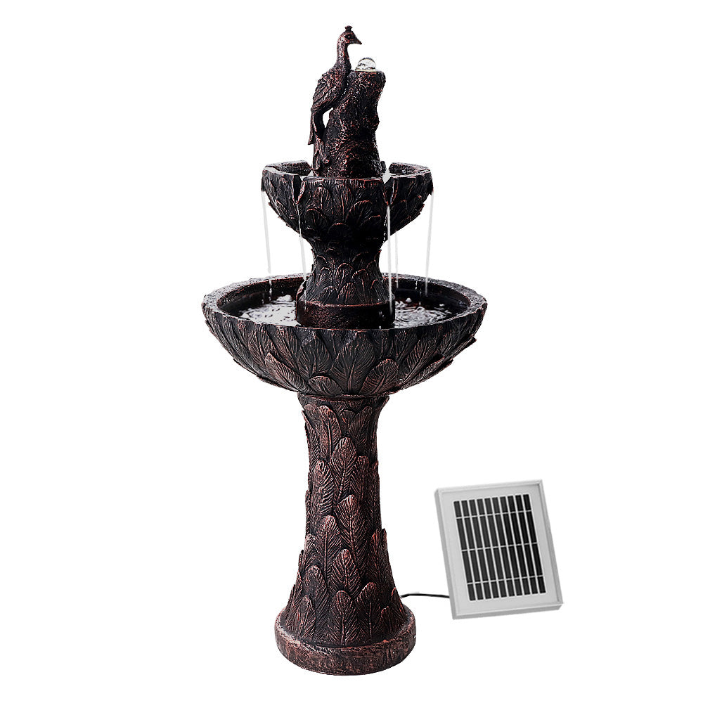 Gardeon 106cm Peacock Solar Fountain Tiered Bird Bath Brown