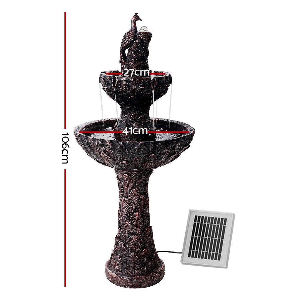 Gardeon 106cm Peacock Solar Fountain Tiered Bird Bath Brown