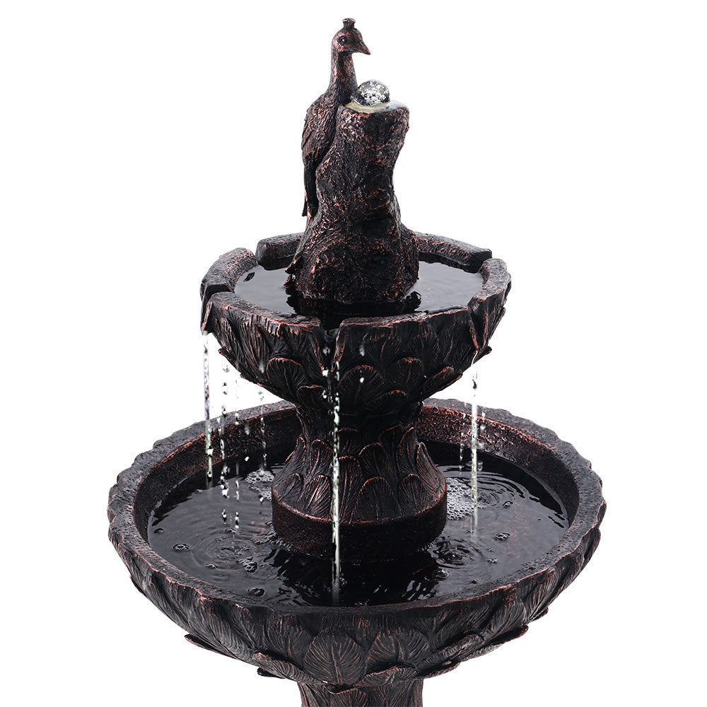 Gardeon 106cm Peacock Solar Fountain Tiered Bird Bath Brown